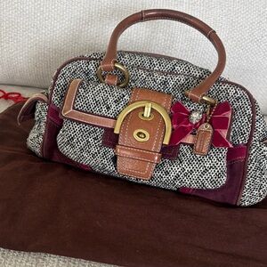 Coach Black-and-White Tweed Satchel with Brown Leather and Burgundy Accents